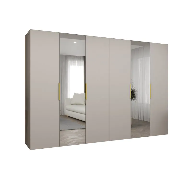 Drehtürenschrank mit vier Kleiderstangen Korab 110, Farbe: Kaschmir, vier Fächer, 3 Meter breit, Griffe: Gold, Soft-Close-Funktion, zwei Spiegeltüren