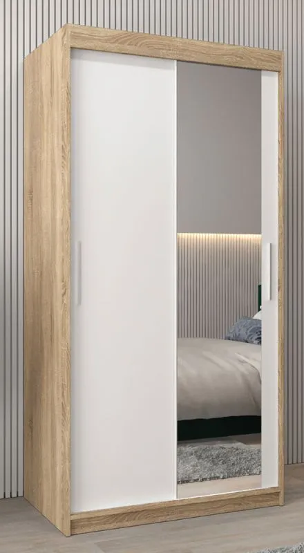 Schiebetürenschrank / Kleiderschrank Bisaurin 1C mit Spiegel, Farbe: Eiche Sonoma / Weiß matt - Abmessungen: 200 x 100 x 62 cm ( H x B x T)