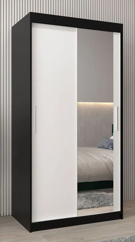 1 Meter breiter Kleiderschrank mit 2 Türen | Farbe: Weiß / Schwarz Abbildung