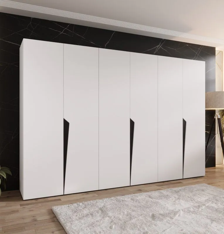 Drehtürenschrank | Farbe: Weiß | ABS-Kanten | 3 Meter breit | 3 Kleiderstangen | Soft-Close-Funktion | Griffe: Schwarz | 3 Fächer | Maße: 300 x 52 x 202 cm