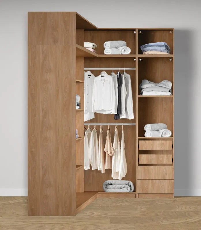 Offener Eckkleiderschrank | 4 Schubladen | 10 Fächer | Farbe: Eiche Puccini | 2 Kleiderstangen | 5 Holzeinlegeböden | Maße: 108,5 x 55 x 234 cm | für Schlafzimmer