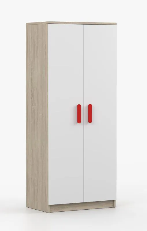Kleiderschrank  / Drehtürenschrank | Smolikas 53 | Weiß / Sonoma Eiche | 2 Türen | 192 x 80 x 50 cm | 5 Fächer | rote Holzgriffe | Kleiderstange
