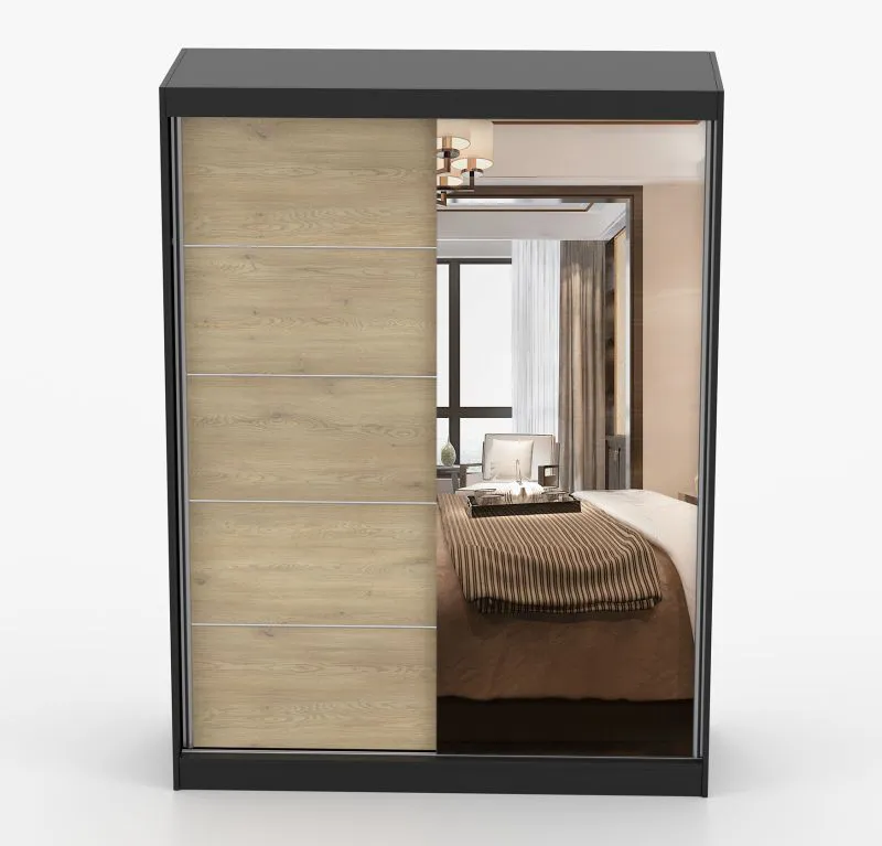 Kleiderschrank / Schiebetürenschrank | Bucegi  16 | Braun / Schwarz | mit Spiegel | 2 Türen | Griffe: Aluminium | 6 Fächer | 200 x 150 x 61 cm