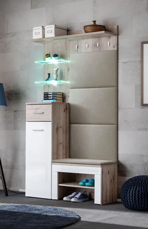 Garderobe Komplett - Set A Sviland, 3-teilig, Farbe: Wellington / Weiß, inkl. LED-Beleuchtung, eine Kommode, ein Schuhregal mit Sitzkissen, vier Haken