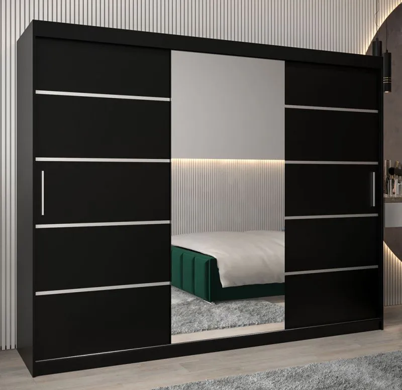 Schiebetürenschrank / Kleiderschrank Jan 06B mit Spiegel, Farbe: Schwarz - Abmessungen: 200 x 250 x 62 cm ( H x B x T)