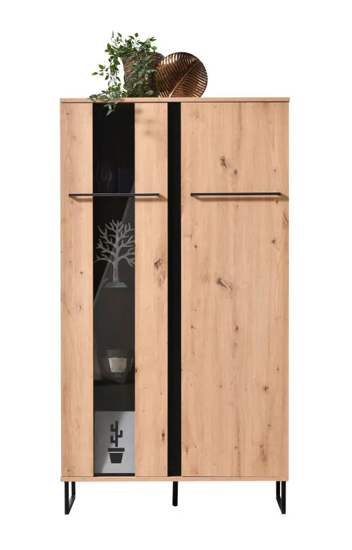 Vitrine mit zwei Türen Crina 02, Industrial Stil, Parsolglas, Farbe: Eiche Artisan / Schwarz, ABS-Kantenschutz, acht Fächer, Maße: 153,5 x 84,5 x 35 cm