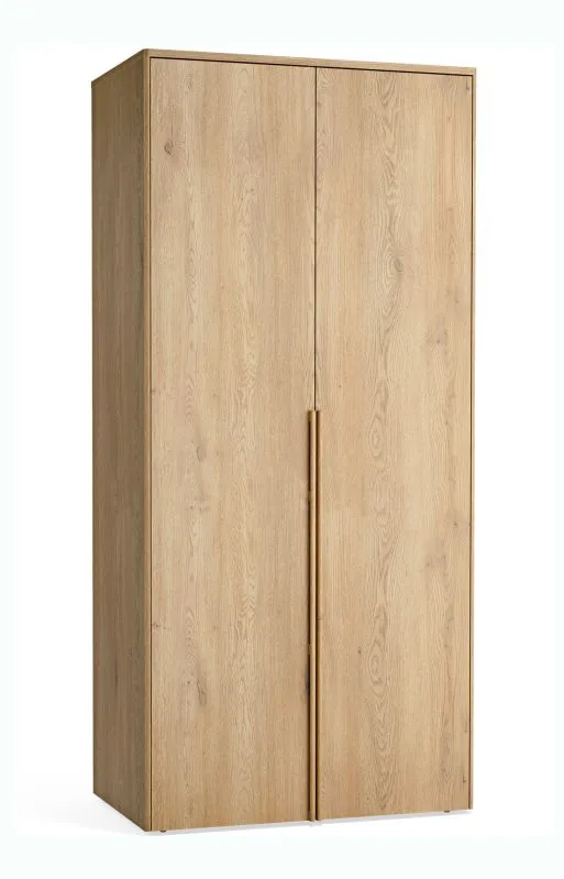 Kleiderschrank | 2 Türen | Soft-Close Funktion | integrierte LED-Beleuchtung | 2 Kleiderstangen | 7 Fächer | 103 x 60 x 223 cm | lange Griffe aus Eichenholz