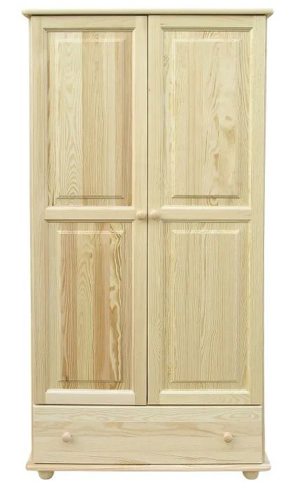 Kleiderschrank | 2 Drehtüren | 1 Schublade | 4 Fächer | mit Kleiderstange | 102 cm breit | Massivholz | Farbe: Natur Abbildung