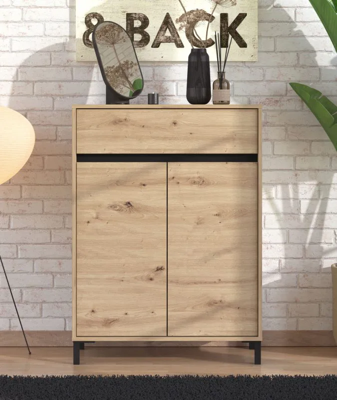 Schuhschrank | 1 Schublade | Farbe: Eiche Artisan | 2 Drehtüren | ABS-Kanten | 4 Fächer | Maße: 80 x 40 x 109,5 cm | für den Eingangsbereich