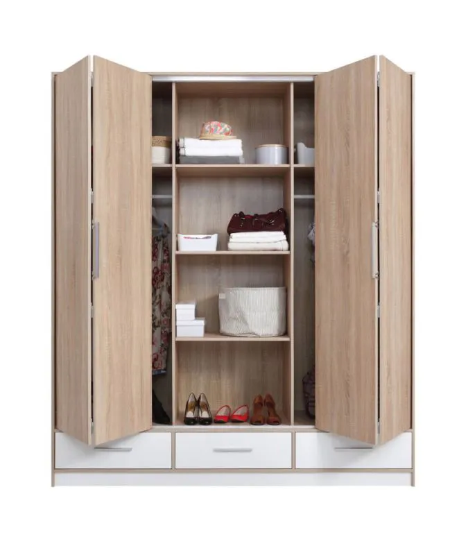 Kleiderschrank | 2 Drehtüren | 3 Schubladen | 8 Fächer | mit 3 Schubladen | 204 cm breit | Farbe: Eiche Abbildung