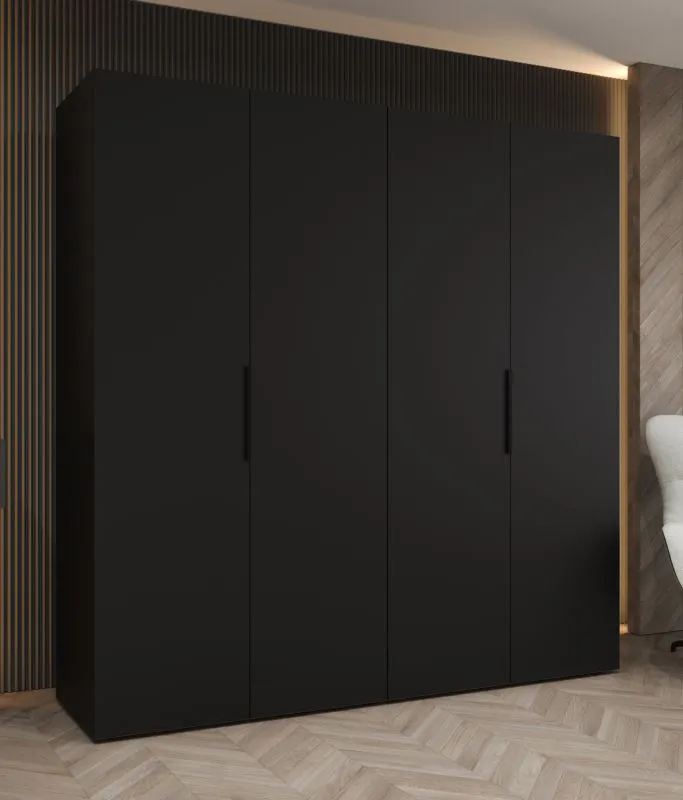 Drehtürenschrank / Kleiderschrank mit vier Türen Korab 28, Farbe: Schwarz, 2 Meter breit, Griffe: Schwarz, zwei Kleiderstangen, Soft-Close-Funktion