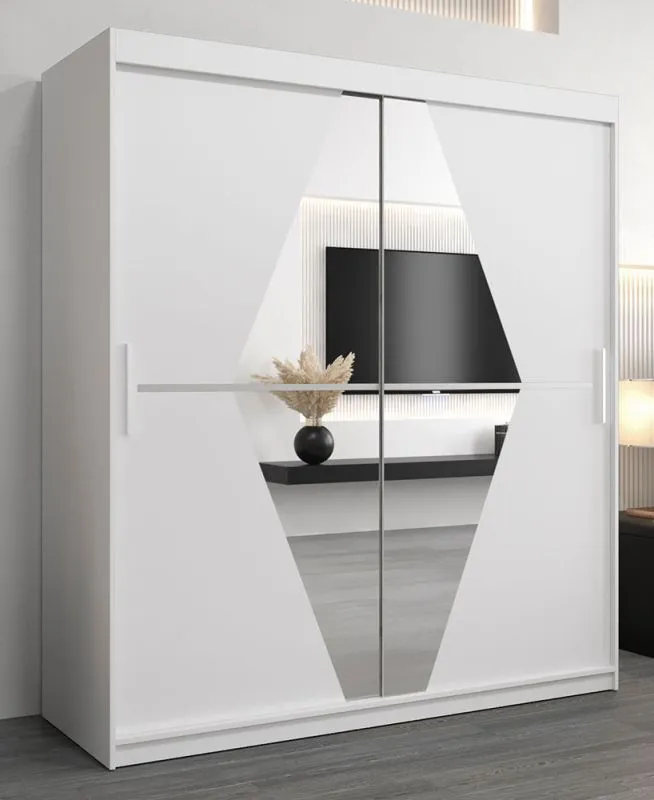 Schiebetürenschrank / Kleiderschrank Alphubel 04 mit Spiegel, Farbe: Weiß Matt - Abmessungen: 200 x 180 x 62 cm ( H x B x T)