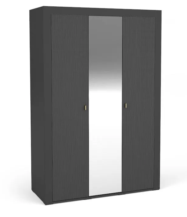 Kleiderschrank mit einer Spiegeltür Barbe 05, ABS, mit sieben Fächer und eine Kleiderstange, Farbe: Schwarz matt, Maße: 206 x 137 x 56 cm, Beine und Griffe: Gold, Hochwertige Verarbeitung