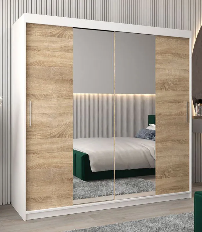 Schiebetürenschrank / Kleiderschrank Bisaurin 5B mit Spiegel, Farbe: Weiß matt / Eiche Sonoma - Abmessungen: 200 x 200 x 62 cm ( H x B x T)