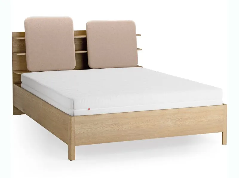 Doppelbett | 160 x 200 cm | Farbe: Eiche / Ecru | gepolsterte Kopfstütze | vier offene Regale | Behälter hinter Rückenlehne | inkl. Lattenrost
