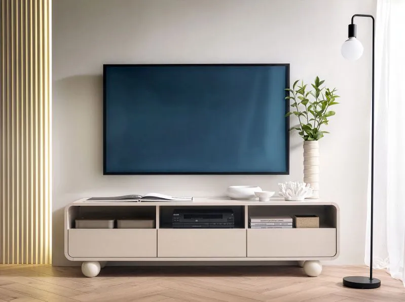 TV-Unterschrank Denali 01 | Farbe: Kaschmir | 160 x 39 x 44 cm | 3 Kabeldurchführungen| 3 Fächer | 3 Schubladen | ABS-Schutzkanten | Push-to-open