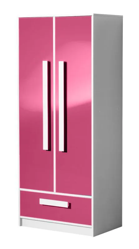 Kinderzimmer - Drehtürenschrank / Kleiderschrank Walter 01, Farbe: Weiß / Rosa Hochglanz - 191 x 80 x 50 cm (H x B x T)