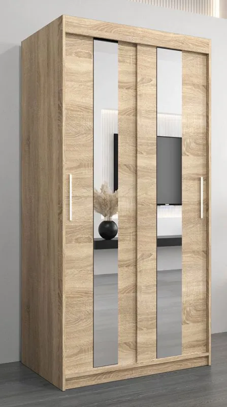 Schiebetürenschrank / Kleiderschrank Polos 01 mit Spiegel, Farbe: Eiche Sonoma - Abmessungen: 200 x 100 x 62 cm (H x B x T)
