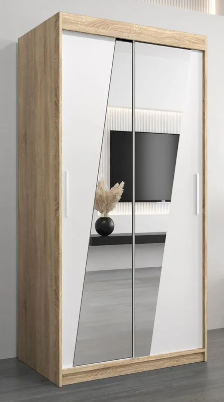 1 Meter breiter Kleiderschrank mit 2 Türen | Farbe: Sonoma Eiche / Weiß Abbildung