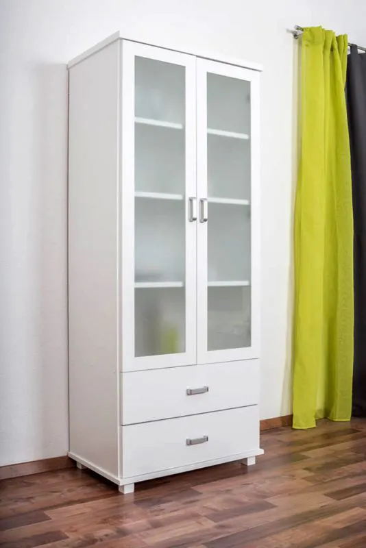 80 cm breiter Kleiderschrank mit 2 Türen, 8 Fächern und 2 Schubladen aus Massiv-Holz | Farbe: Weiß | Tiefe: 50 cm Abbildung