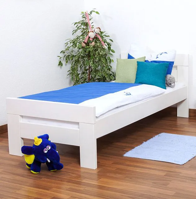 Kinderbett 90 x 190 cm | Massivholz: Buche | Weiß Lackiert Abbildung