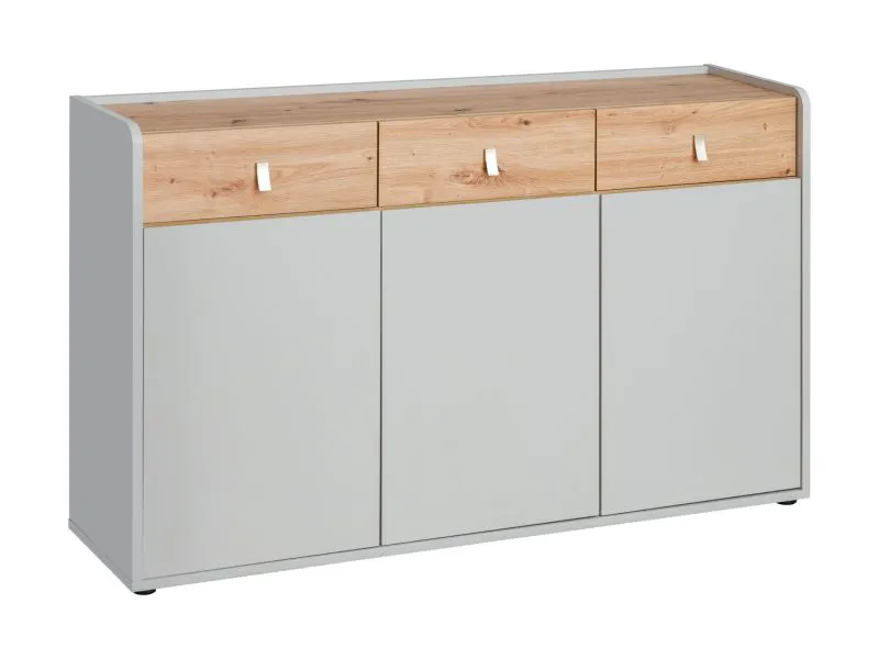 Moderne Kommode mit 4 Fächern Susort 03, Farbe: Eiche Artisan / Grau, 86 x 139 x 38 cm, matte Fronten, 3 Schubladen, 3 Türen, hochwertige Verarbeitung