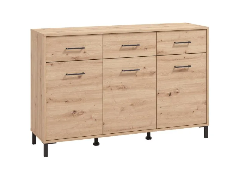 Sideboard / Kommode mit drei Schubladen Sabas 10, Farbe: Eiche Artisan, drei Türen, ABS-Kantenschutz, sechs Fächer, Maße: 90 x 138 x 40 cm
