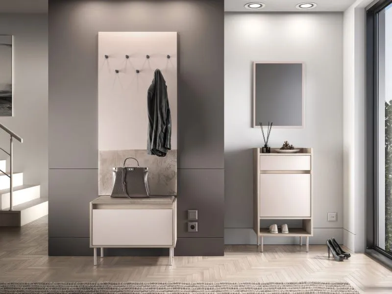 Garderobe Komplett Set | Farbe: Eiche Cremona / Kaschmir | Soft-Close | inkl. Samtpolster | Kommode | Spiegel | Schuhschrank | Garderobe mit sieben Haken