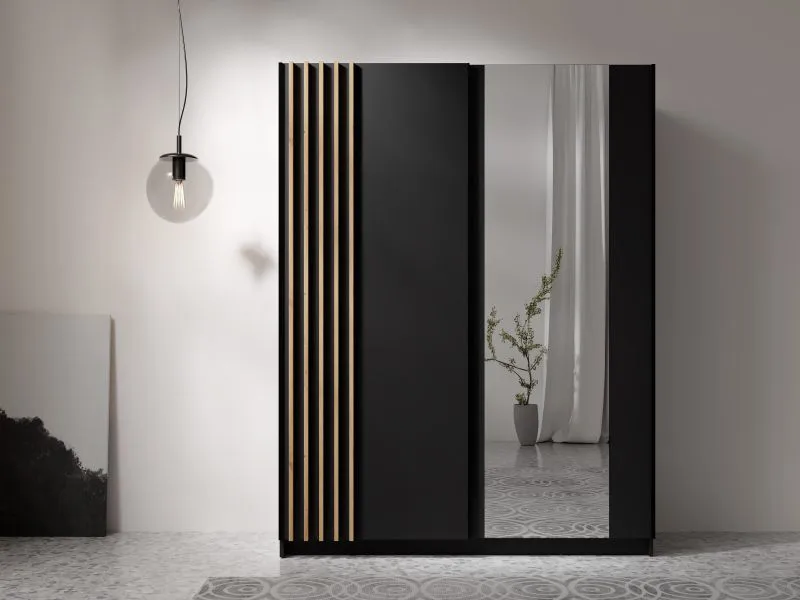 Schiebetürenschrank | Farbe: Schwarz | Eiche Artisan Deko-Lamellen | Maße: 150,5 x 62 x 198,5 cm | Spiegel | 1 Kleiderstange | innen Weiß | 5 Fächer