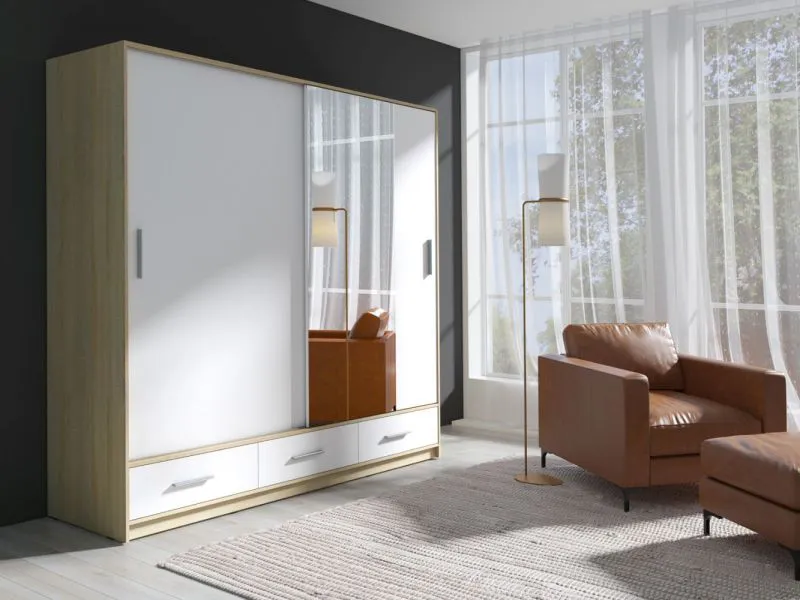 220 cm breiter Kleiderschrank mit 2 Türen, 5 Fächern und 3 Schubladen | Farbe: Eiche / Weiß | Tiefe: 64 cm Abbildung