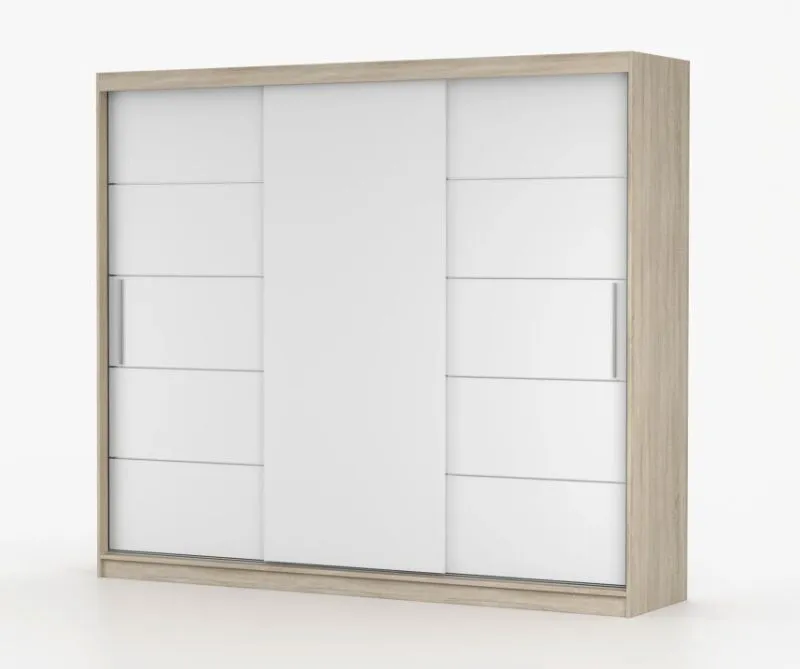 2,5 Meter breiter Kleiderschrank / Schiebetürenschrank Eiche / Weiß | Cevennen 04 | 218 x 250 x 61 cm | 3 Türen | 12 Fächer |  Front in Holzoptik