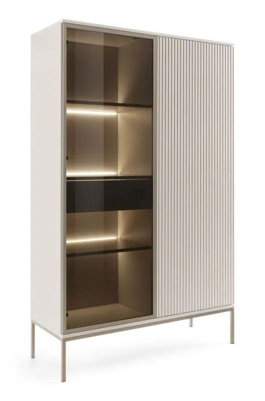 Große Vitrine in Kaschmir, 166 x 104 x 39 cm, mit Push-to-open Funktion, 1 Glastür, 1 Holztür, 1 Schublade, ABS-Kanten, LED-Beleuchtung