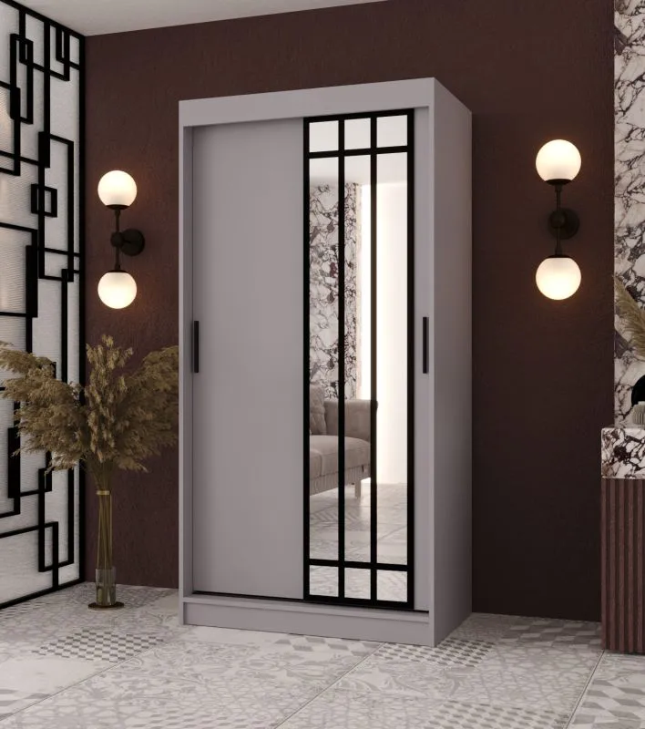 Schiebetürenschrank / Kleiderschrank | Kaschmir | 100 x 62 x 200 cm | schmal | 1 Spiegeltür | moderne Details | 2 Kleiderstangen | 5 Fächer