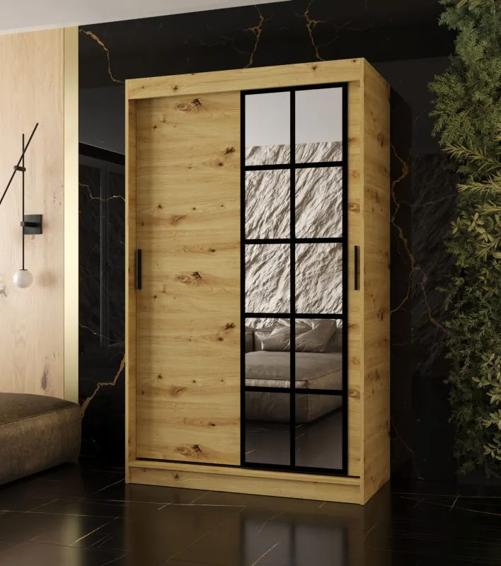 Schiebetürenschrank | Farbe: Eiche Artisan | 5 Fächer | 2 Kleiderstangen | hochwertig Verarbeitet | 120 x 62 x 200 cm | Kleiderschrank | Spiegeltür | modernes Design