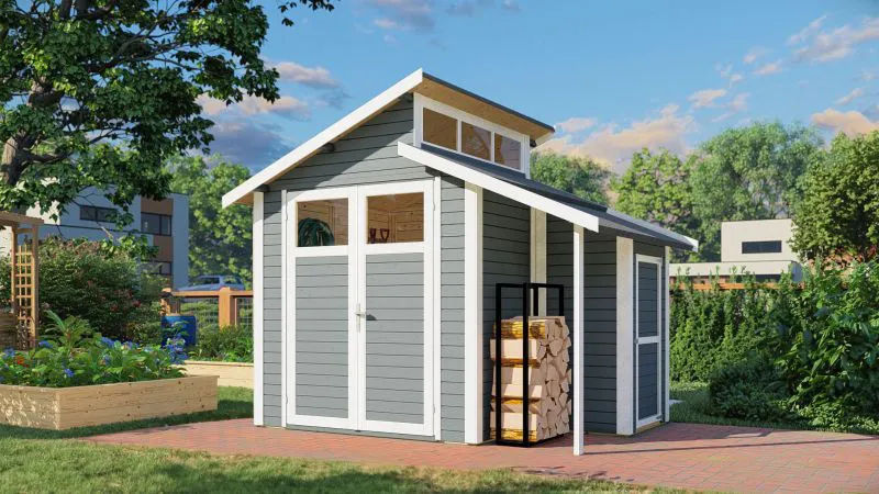 Gartenhaus / Gerätehaus mit Anbau Puchheim 02 inkl. Fußboden, Grau - 19 mm Elementgartenhaus, Grundfläche: 5,86 m², Doppel-Pultdach