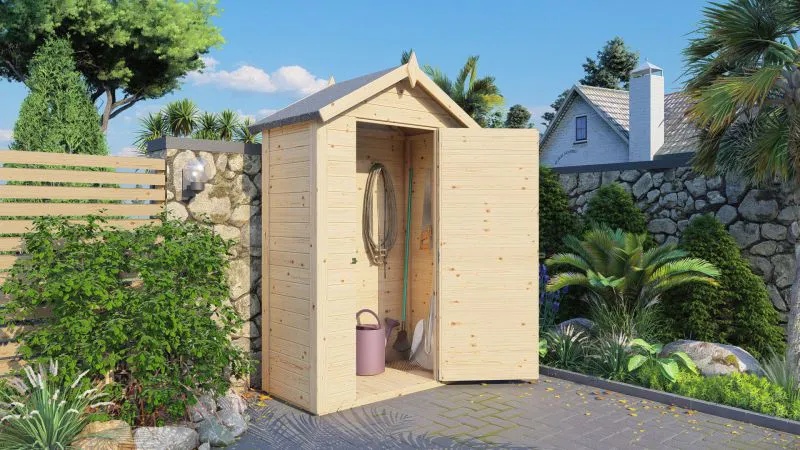 Gerätehaus Korbach 01 inkl. Fußboden, Naturbelassen, Elementgartenhaus, Außenmaße: 121 x 63 cm, Satteldach, Einzeltür aus Massivholz