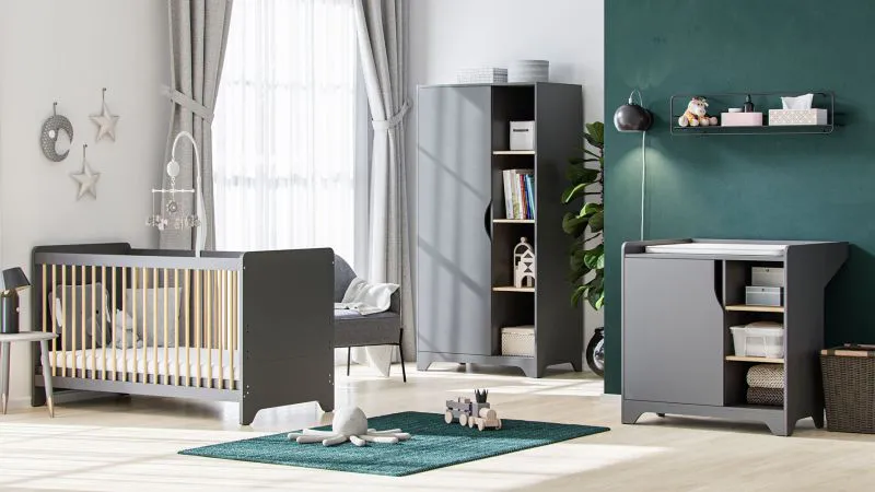 Kinderzimmer Babyzimmer Komplett - Set B Majvi, 3-teilig, Farbe: Grau / Eiche