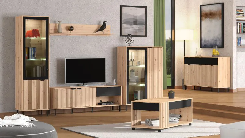 Modernes Wohnzimmer Komplett - Set B Zvesdara, 6-teilig, in Eiche Artisan / Schwarz, zwei Vitrinen, ein TV-Schrank, ein Wandregal, eine Kommode, ein Couchtisch, ABS-Kanten