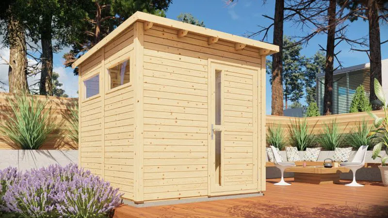 Gartenhaus Kiel 02 inkl. Fußboden, Naturbelassen - 19 mm Elementgartenhaus, Nutzfläche: 5,10 m², Flachdach