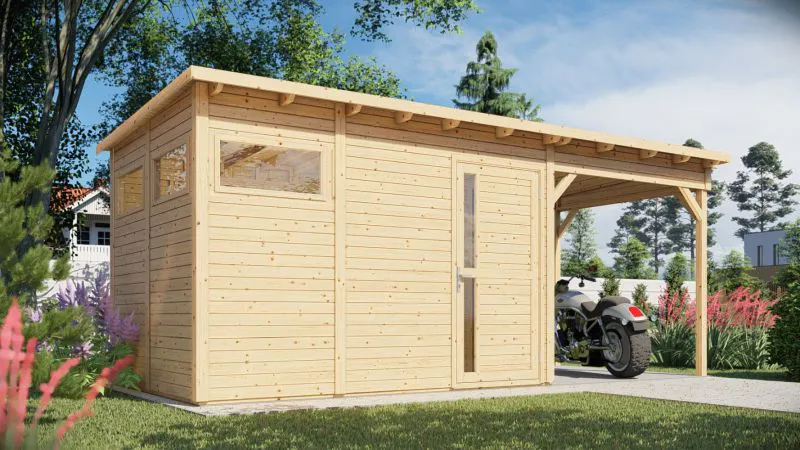 Gartenhaus Kiel 03 mit Anbaudach inkl. Fußboden, Naturbelassen - 19 mm Elementgartenhaus, Nutzfläche: 7,70 m², Flachdach