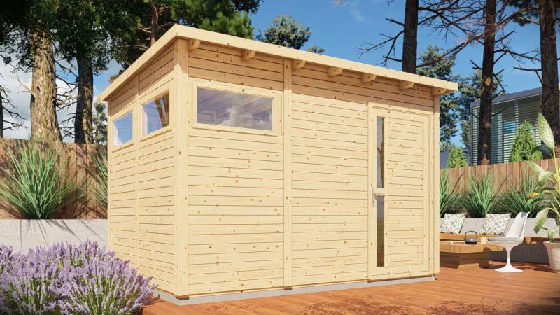 Gartenhaus Kiel 03 inkl. Fußboden, Naturbelassen - 19 mm Elementgartenhaus, Nutzfläche: 7,70 m², Flachdach