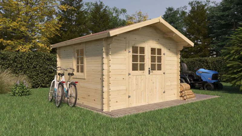 Gartenhaus Wiesentraum 01, Naturbelassen, 34 mm Blockbohlenhaus, Grundfläche 9 m², Satteldach, mit 1 Doppeltür und 1 Einzelfenster