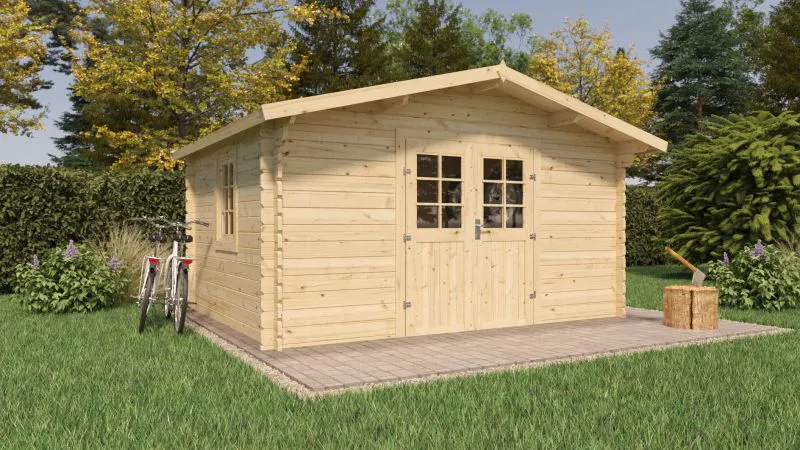Gartenhaus Wiesentraum 03, Grundfläche 12 m², 34 mm Blockbohlenhaus, Naturbelassen, Satteldach, mit 1 Doppeltür und 1 Einzelfenster