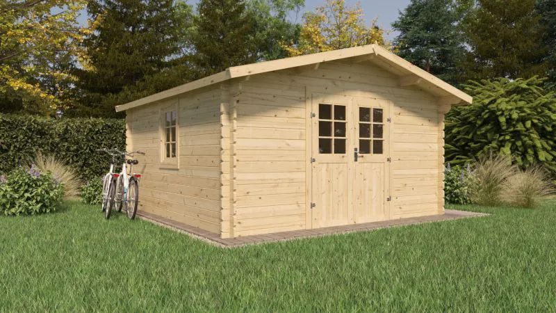 Gartenhaus Wiesentraum 04, Naturbelassen, 34 mm Blockbohlenhaus, Grundfläche 16 m², Satteldach, mit 1 Doppeltür und 1 Einzelfenster