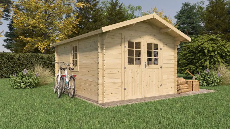 Gartenhaus Wiesentraum 06, 44 mm Blockbohlenhaus, Naturbelassen, Grundfläche 12 m², mit 1 Doppeltür und 1 Einzelfenster, Satteldach