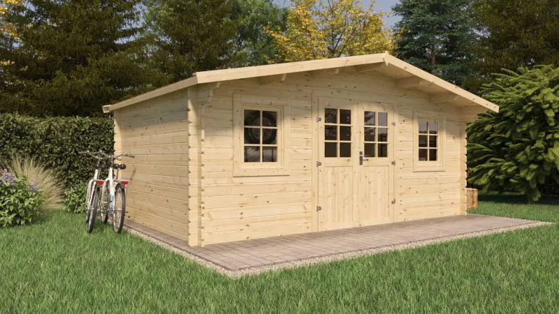 Gartenhaus Wiesenlust 03, Grundfläche: 16 m², 34 mm Blockbohlenhaus, Naturbelassen, mit 1 Doppeltür und 2 Einzelfenstern, Satteldach