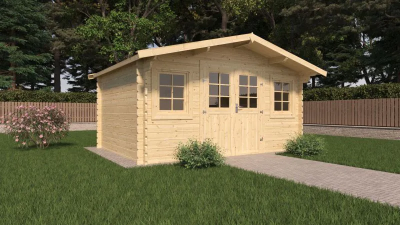 Gartenhaus Wiesenlust 01, 34 mm Blockbohlenhaus, Naturbelassen, Grundfläche 11,8 m², mit 1 Doppeltür und 2 Einzelfenstern, Satteldach