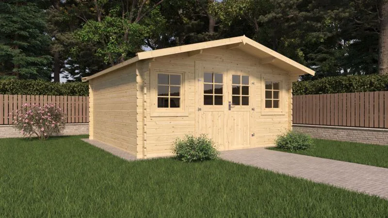 Gartenhaus Wiesenlust 02, Naturbelassen, Grundfläche: 16 m², 34 mm Blockbohlenhaus, Satteldach, mit 1 Doppeltür und 2 Einzelfenstern