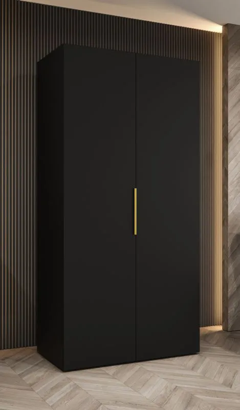 Drehtürenschrank mit Soft-Close-Funktion Korab 08, Farbe: Schwarz, 1 Meter breit, ein Fach, eine Kleiderstange, Griffe: Gold, Kleiderschrank