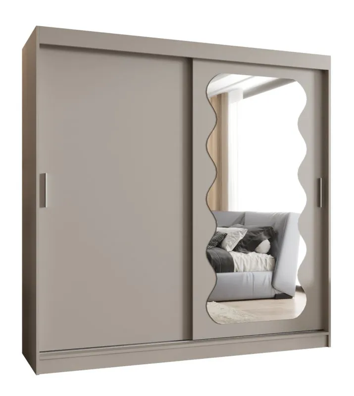 Kleiderschrank / Schiebetürenschrank Bernina 20, Farbe: Kaschmir, Aluminiumschienen, 2 Meter breit, eine Tür mit Spiegel, zwei Kleiderstangen, 10 Fächer